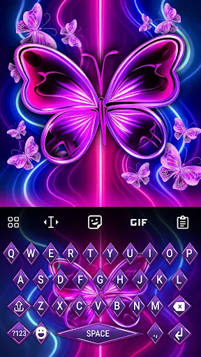 Neon butterfly keyboard theme with glowing pink and purple butterfly design and letter keys