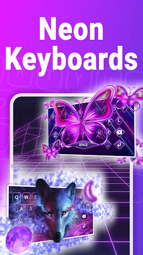 Neon keyboards showcase featuring butterfly and wolf designs in magenta and blue color themes