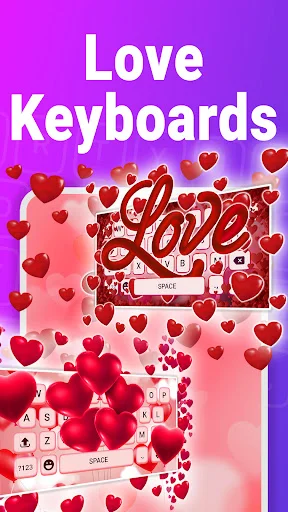 Love keyboard theme with red hearts, decorative elements, and pink customizable keyboard layout