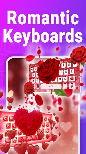 Romantic keyboard theme with red roses, white keys, and love-themed decoration elements