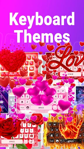 Keyboard Themes app collection showing colorful love-themed keyboard designs with hearts and romantic graphics on purple background