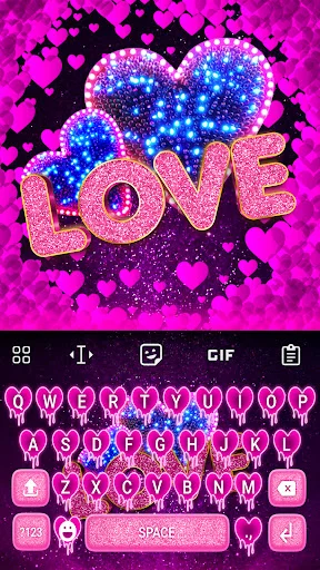 Pink Love Keyboard Theme featuring blue glowing hearts with glitter drip effect and custom pink heart-shaped key design