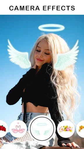 Camera Effects - Girl with angel halo, white wings, and light effects with camera effect icons selector