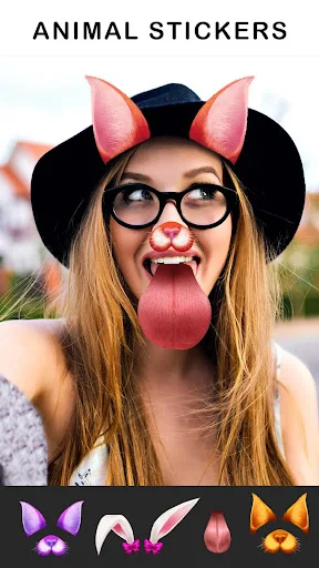 Animal Stickers - Girl with pink cat ears, cat nose and tongue sticker showing animal sticker options