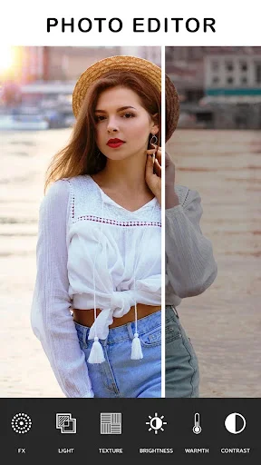 Photo Editor - Split screen photo editing interface with brightness, light, texture, warmth, contrast adjustment tools