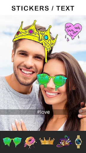 Stickers/Text - Couple with yellow crown and green heart sunglasses stickers showing decorative sticker pack