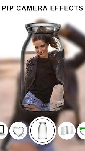 PIP Camera Effects - Girl in glass jar picture-in-picture effect showing container frame and sticker options