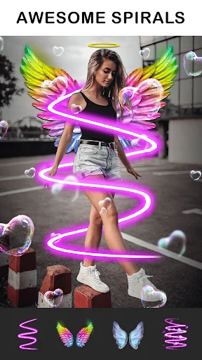 Awesome Spirals - Girl with rainbow wings and neon pink spiral effect overlay showing wing sticker choices