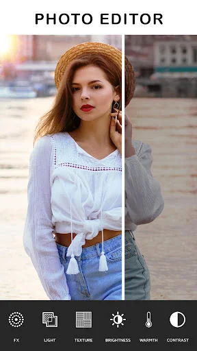 Photo Editor - Split screen photo editing interface with brightness, light, texture, warmth, contrast adjustment tools