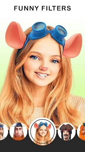 Funny Filters - Girl wearing coral pig ears filter and blue goggles face effect with selector of filter options below