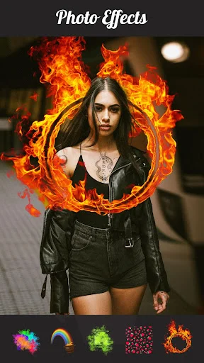 Photo effects editor showing fire flame effect applied to portrait with colorful effect icon selector