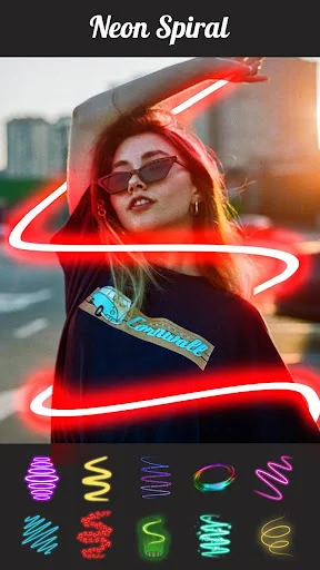 Neon spiral effect filter displaying red glowing lines with multiple neon style options below