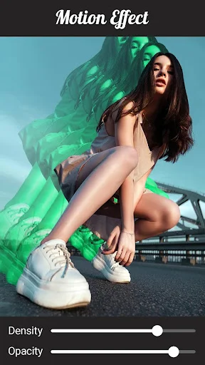 Motion effect filter with green wave effects on photo and density and opacity adjustment sliders