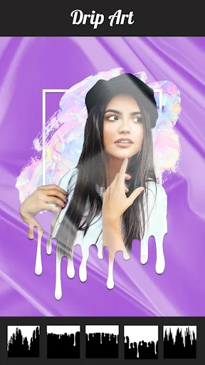 Drip art effect showing purple paint drip texture applied to portrait with effect controls