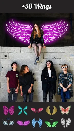 +50 wings effect displaying neon wings on multiple people with various wing style selections