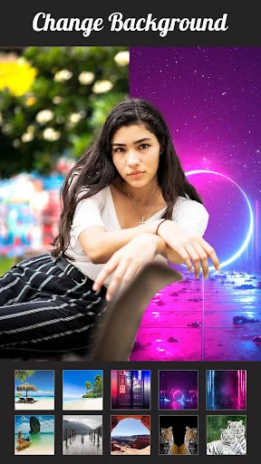 Change background tool with split-screen preview and grid of background template presets