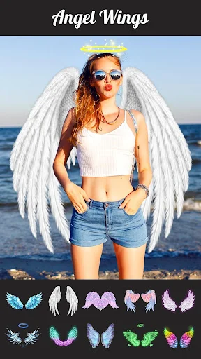 Angel wings effect overlay showing white feathered wings with multiple colored wing style choices