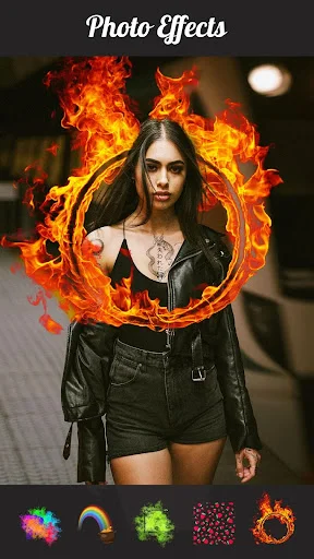 Photo effects editor showing fire flame effect applied to portrait with colorful effect icon selector