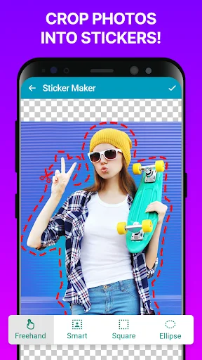 Photo cropping interface in Sticker Maker app with Freehand, Smart, Square, and Ellipse crop options for stickers