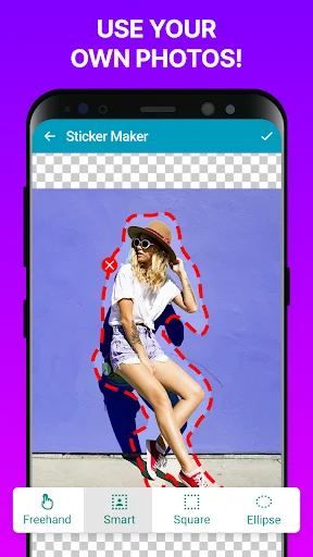 Custom sticker creation tool showing photo with red dotted crop selection boundary around woman portrait