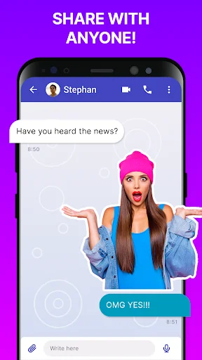 Custom woman sticker shared in messaging app chat with OMG YES response for sticker pack sharing