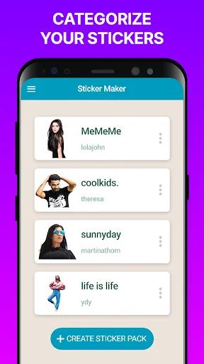 Sticker pack categories list in Sticker Maker showing MeMeme, coolkids, sunnyday packs with Create button