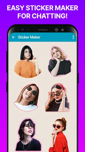 Sticker Maker app gallery displaying portrait stickers with various styles and borders for quick chatting