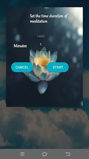 Meditation timer setup screen with lotus flower background allowing users to set duration in minutes with Cancel and Start buttons
