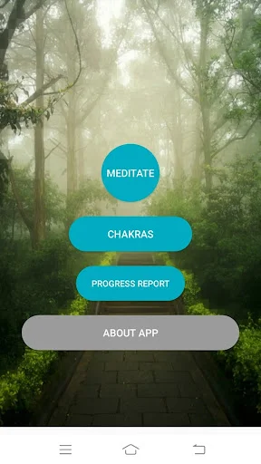 Meditation app main menu with forest scenery featuring Meditate, Chakras, Progress Report, and About App navigation options