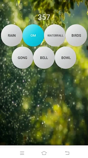 Sound selection interface displaying 357 meditation audio options including Rain, OM, Waterfall, Birds, Gong, Bell, and Bowl sounds