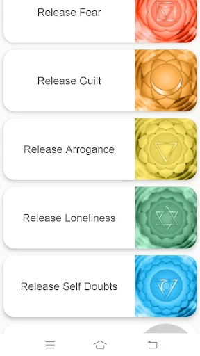 Chakra meditation list showing Release Fear, Release Guilt, Release Arrogance, Release Loneliness, and Release Self Doubts with color-coded chakra visualizations