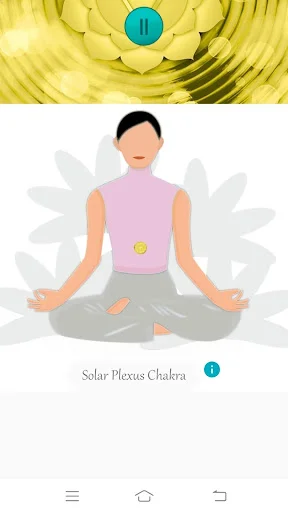 Solar Plexus Chakra meditation guide displaying seated meditation pose illustration with pause button control for guided meditation session