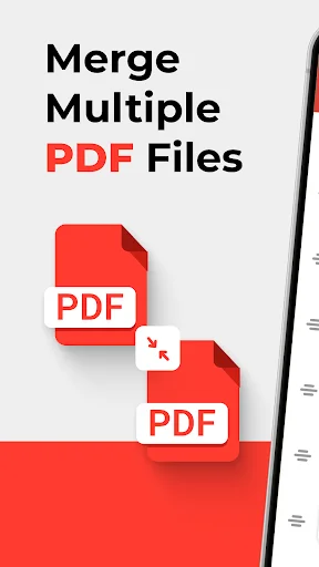 Merge Multiple PDF Files app splash screen featuring stacked red PDF document icons and bold title text
