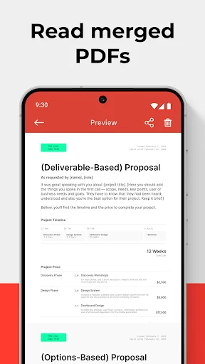 PDF preview screen showing merged document content including deliverable-based and options-based proposal pages