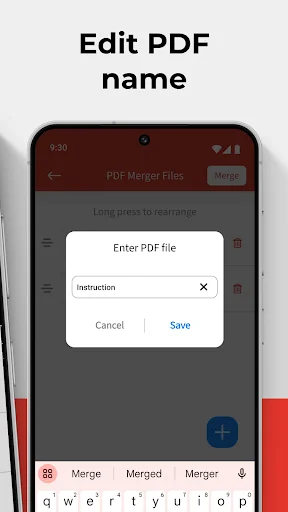 Edit PDF name dialog box with text input field to customize merged PDF file name, Cancel and Save buttons