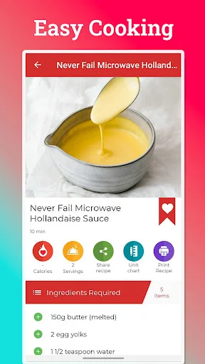 Microwave Hollandaise Sauce recipe view with 10-minute cooking time, ingredients list, nutrition tabs, and favorite option