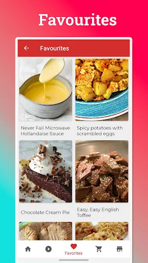 Saved microwave recipes collection showing Hollandaise sauce, potato eggs, chocolate pie, toffee, and more favorite dishes