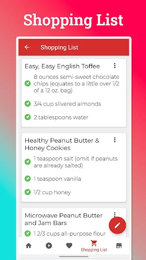 Shopping list aggregating ingredients from microwave recipes with checkmarks for organized grocery and meal planning