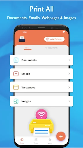 Print app showing Documents, Emails, Webpages, Images with wireless printer connection for mobile printing setup.