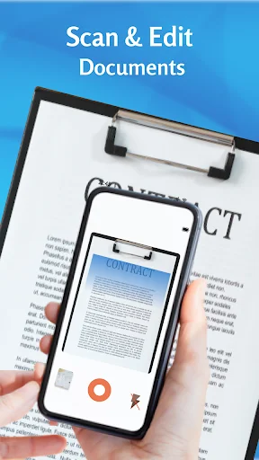 Smartphone with document scanning interface showing editing, annotation, and OCR features for mobile document printing.