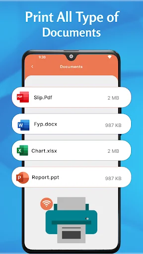 Mobile printer app displaying document file types: PDF, Word, Excel, PowerPoint with file sizes for wireless printing.