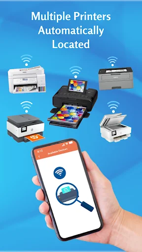 Automatic WiFi printer discovery showing multiple printer models: inkjet, laser, multifunction for wireless connection.