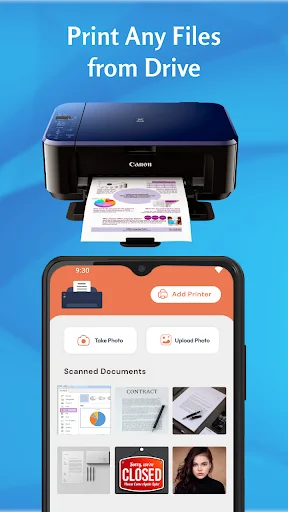 Printer app with cloud storage integration for photo upload, document scanning, and wireless printing capabilities.