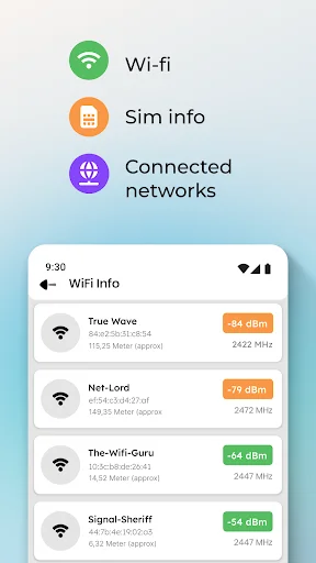 WiFi network scanning menu showing available networks with signal strength indicators displayed in dBm