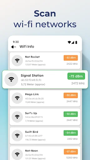 Scan Wi-Fi networks screen listing multiple available WiFi networks with color-coded signal strength measurements