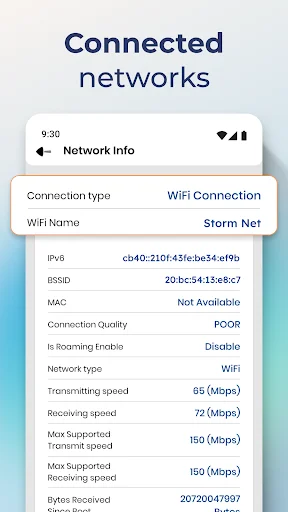 Connected networks screen showing detailed WiFi connection information including connection type, speed, and network quality