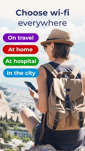 Choose Wi-Fi everywhere promotional screen showing travel usage scenarios for the network tools app