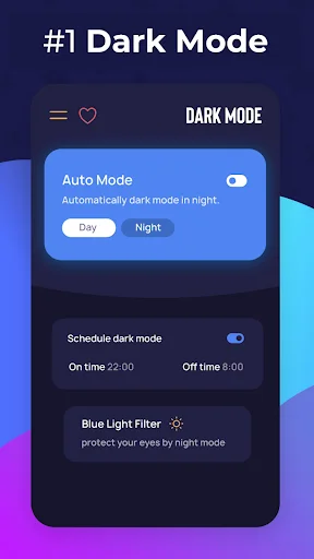 Dark Mode settings screen with auto toggle, Day/Night buttons, schedule settings from 22:00-9:00, and blue light filter eye protection feature