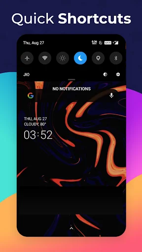 Dark Mode Quick Shortcuts displaying home screen customization with quick settings toggles and app icons in dark theme