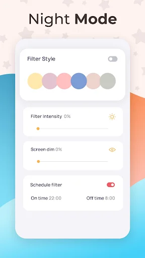 Night Mode filter settings with color palette options, intensity slider, screen dim control, and schedule filter from 22:00-8:00